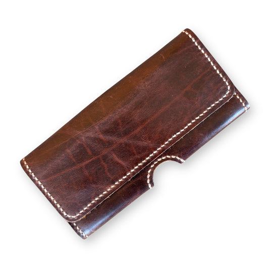 Heritage Leather India horizontal phone pouch in dark brown full-grain leather with hand-stitched detailing.